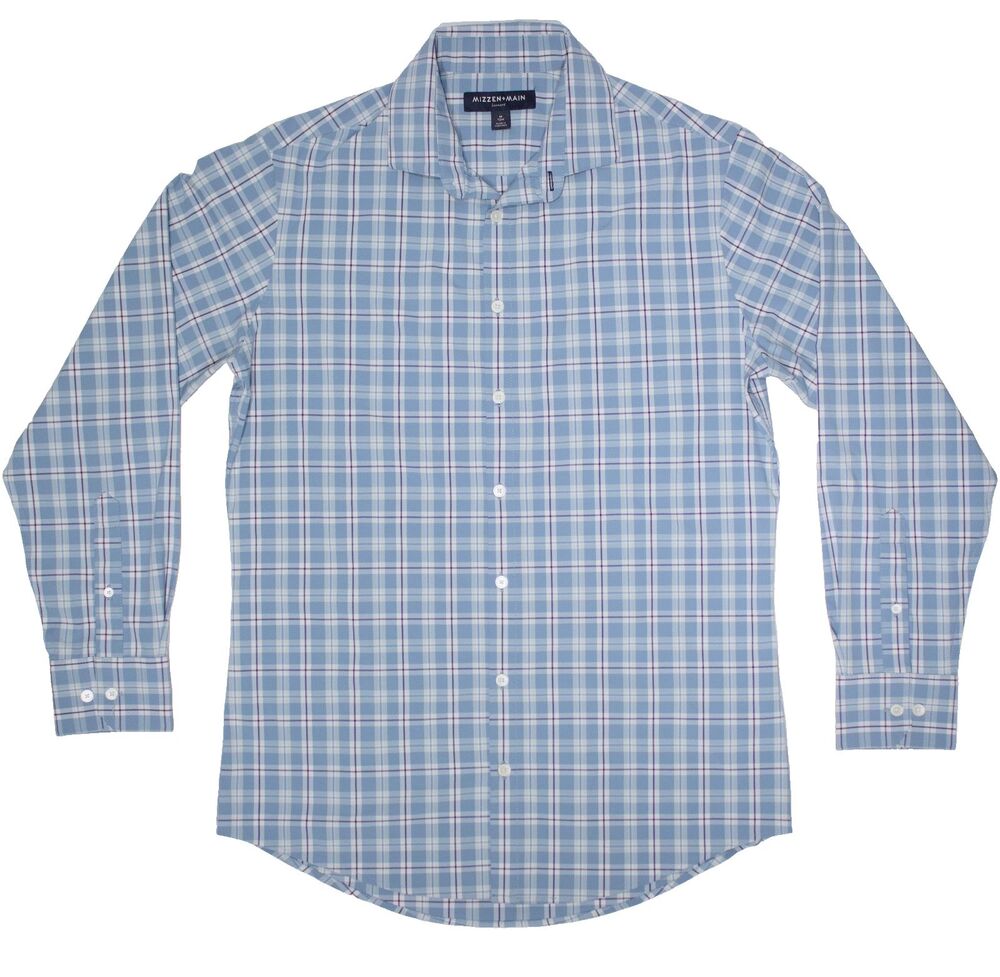Mizzen + Main Leeward Stretch Button Down Shirt Blue Plaid Trim Fit Men M (A9)
